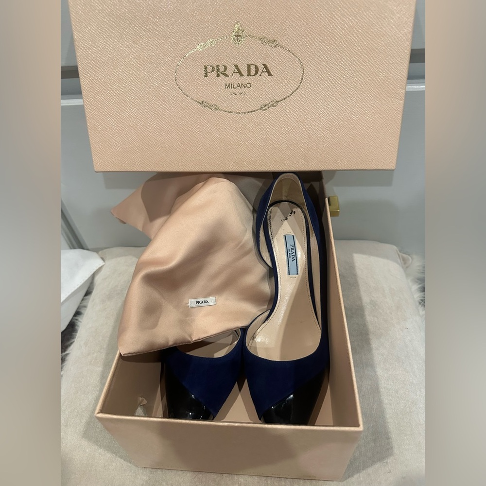 Prada Navy Suede and Black Patent Pointed-Toe Pump - Picture 2 of 14